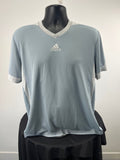 Front view of grey adidas v-neck t-shirt size large