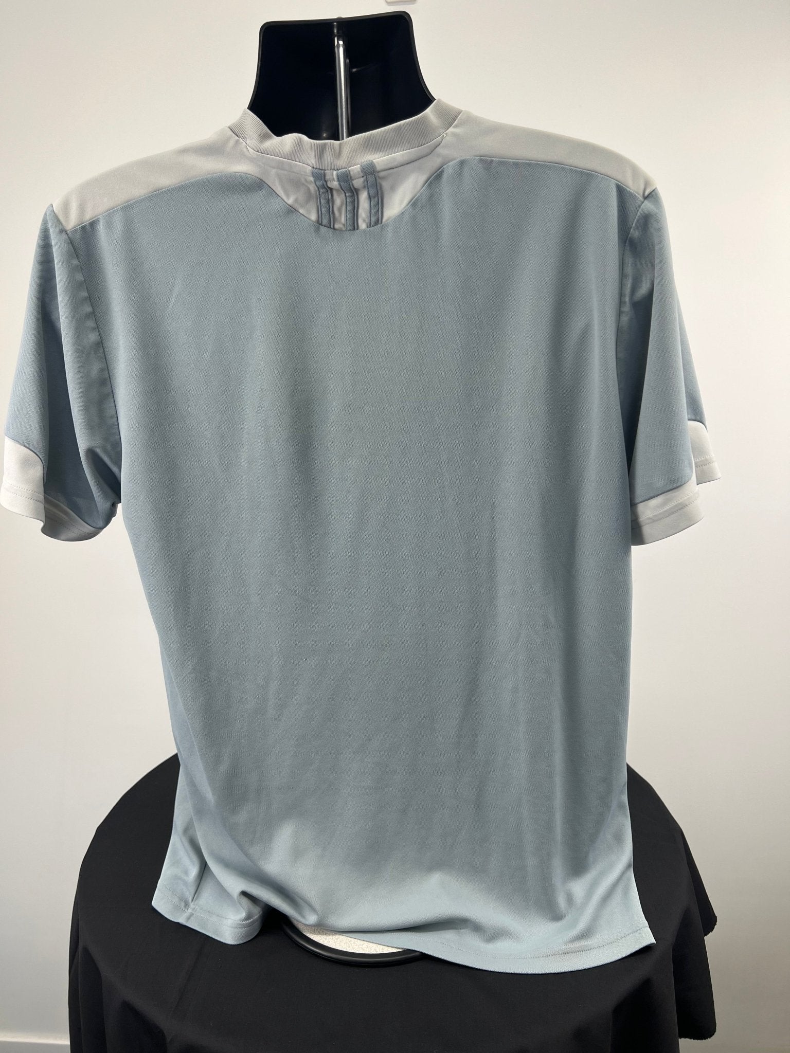 Back view of grey adidas v-neck t-shirt size large