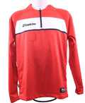 Front view of red GripActive football training top with white chest stripe and 1/4 zip