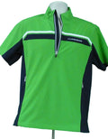 Men's green and navy J Lindberg golf top with half-zip and stand-up collar on mannequin against green backdrop