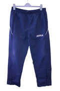 Front view of navy Joola table tennis trousers with white piping and zip ankles