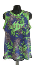 Jordan Air tropical print basketball vest with blue, green, and brown palm leaf design
