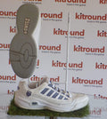 K-Swiss white trainer with blue stripes displayed side and sole view
