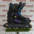 Side view of K2 Carbon roller blades in black and purple on display