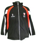 Front view of Kukri sports jacket with RGS Harrogate logo, black with red and white stripes