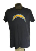 Front view of navy blue NFL Chargers graphic T-shirt on mannequin