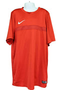 Red Nike Dri-Fit training top with white Swoosh and mesh panel, size small