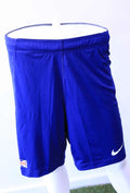 Front view of Nike blue sports shorts with Union Jack and white swoosh logo