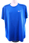 Front view of blue Nike Dri-FIT sports t-shirt with white Swoosh logo
