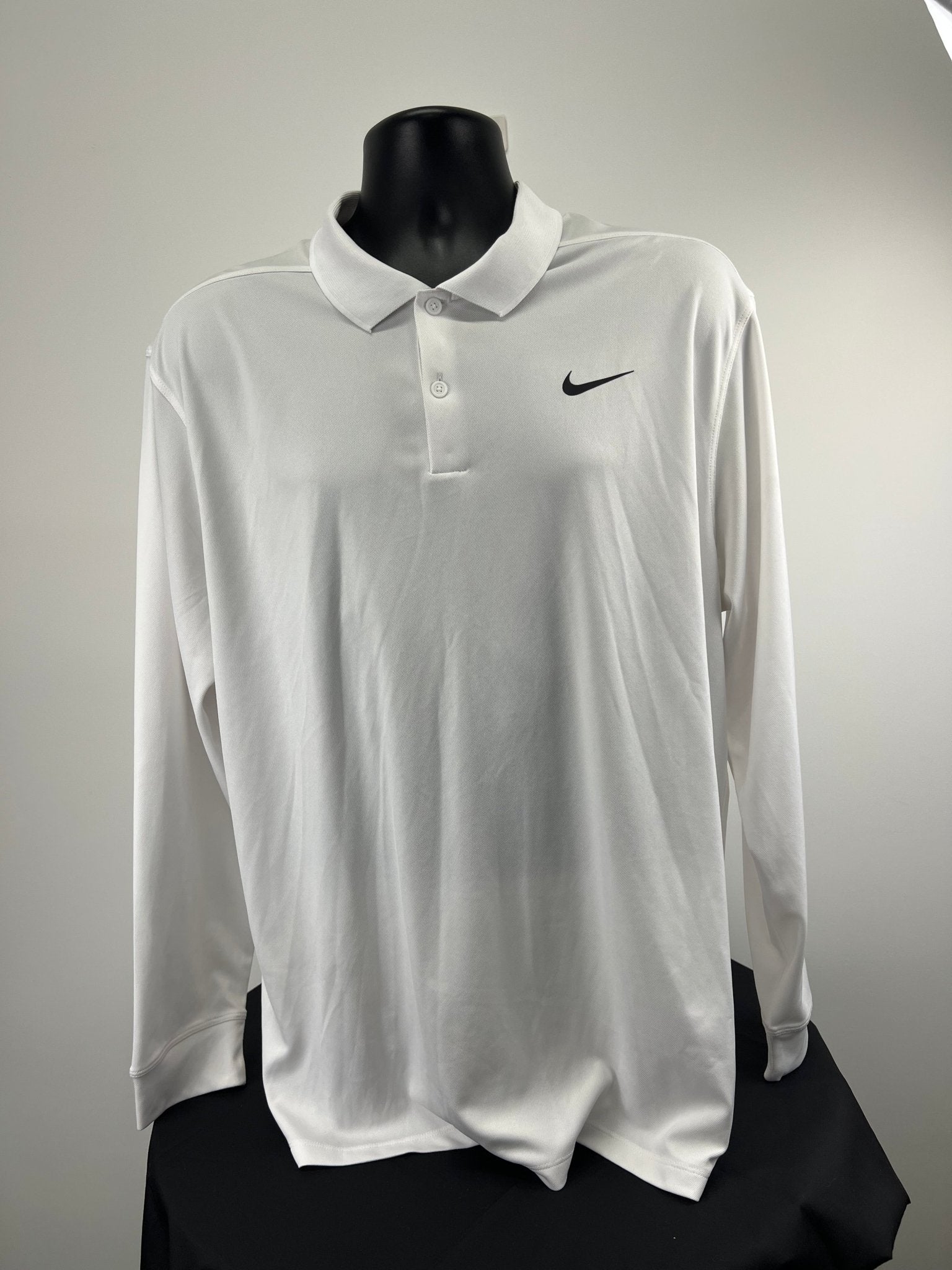 Front view of men’s white Nike long sleeve polo size XL