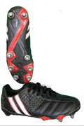 Pair of black Patrick rugby boots with metal studs and white-red stripes, size 9.5
