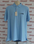 Front view of light blue Peter Millar DP World Tour polo shirt with tags