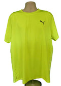 Front view of men's neon yellow Puma sports T-shirt on mannequin against green background