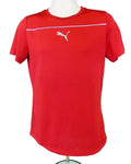 Front view of red Puma sports top with silver logo and stripe