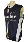 Sleeveless navy cycling jacket with bold white and orange stripes, designed for comfort and style on the go  