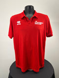 Front view of red men's volleyball England polo shirt with logos