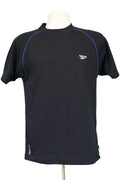 Front view of black Reebok training top with blue trim, size small