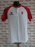 Front view of Gilbert RFU rugby polo shirt in white and red