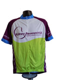 Kidney Research UK cycling jersey with white, purple, lime green, and blue panels displayed on a mannequin