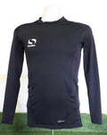 Front view of black Sondico long-sleeved stretch underlayer shirt with logo