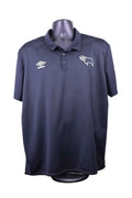 Front view of black Umbro Derby County polo shirt with white logos
