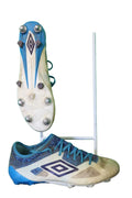 Umbro men's white and blue football boots with metal studs, side and sole view