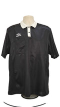 Front view of Umbro black referee shirt with white collar and front pocket, size XXL