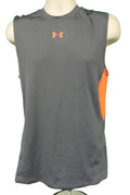 Front view of Men's Under Armour grey compression vest with orange side panels displayed on mannequin