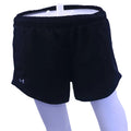Front view of black Under Armour running shorts with mesh sides and elastic waistband