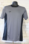 Front view of Under Armour grey and black short sleeve sports top