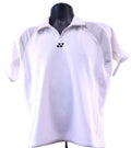 Front view of Yonex white sports shirt with grey trim, size large