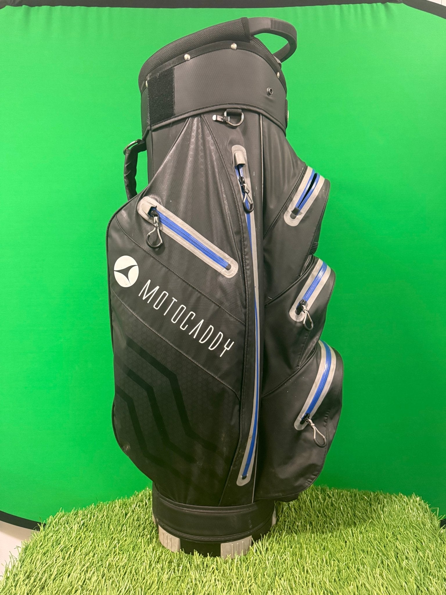 Motocaddy black dry series waterproof cart bag with blue zippers