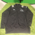 Black Newcastle Falcons 1/4 zip rugby top with white logo and grey shoulder panels