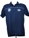 Front view of navy Marangoni Newcastle Staffs Volleyball Club polo shirt with cream shoulder detail and embroidered badges