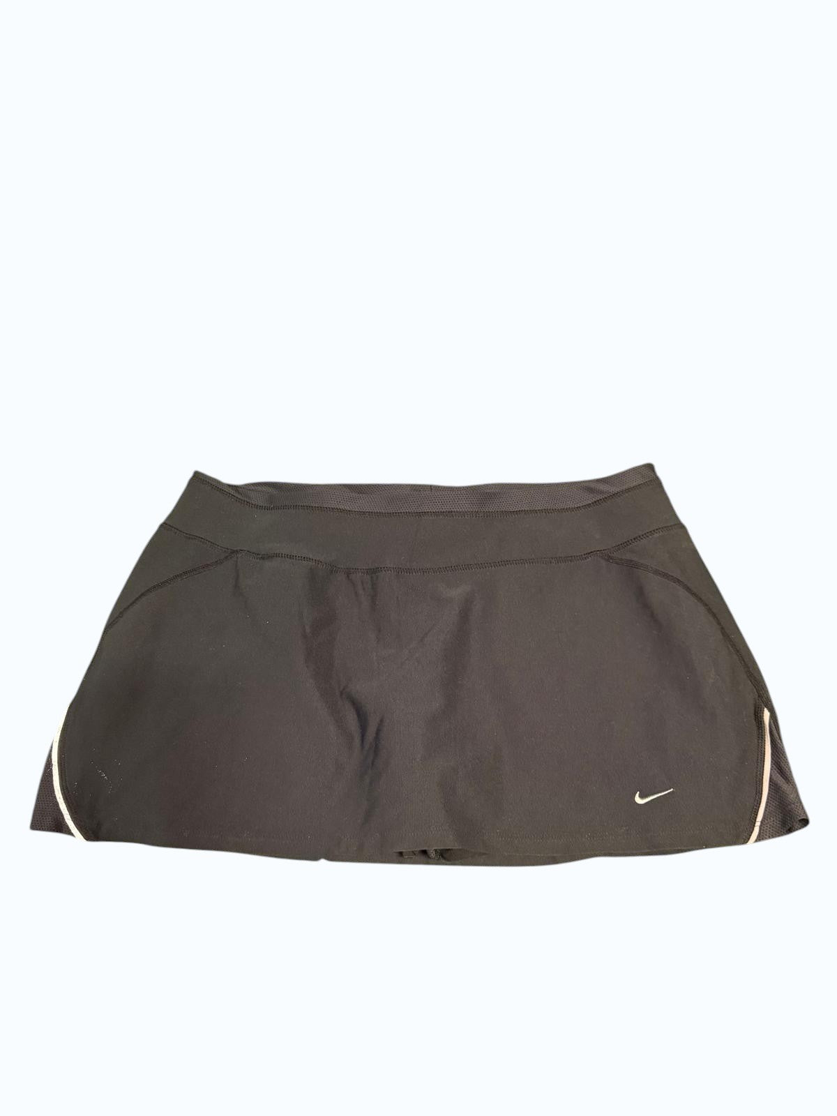Nike black sports skirt with white trim on sides, ideal for tennis and running.