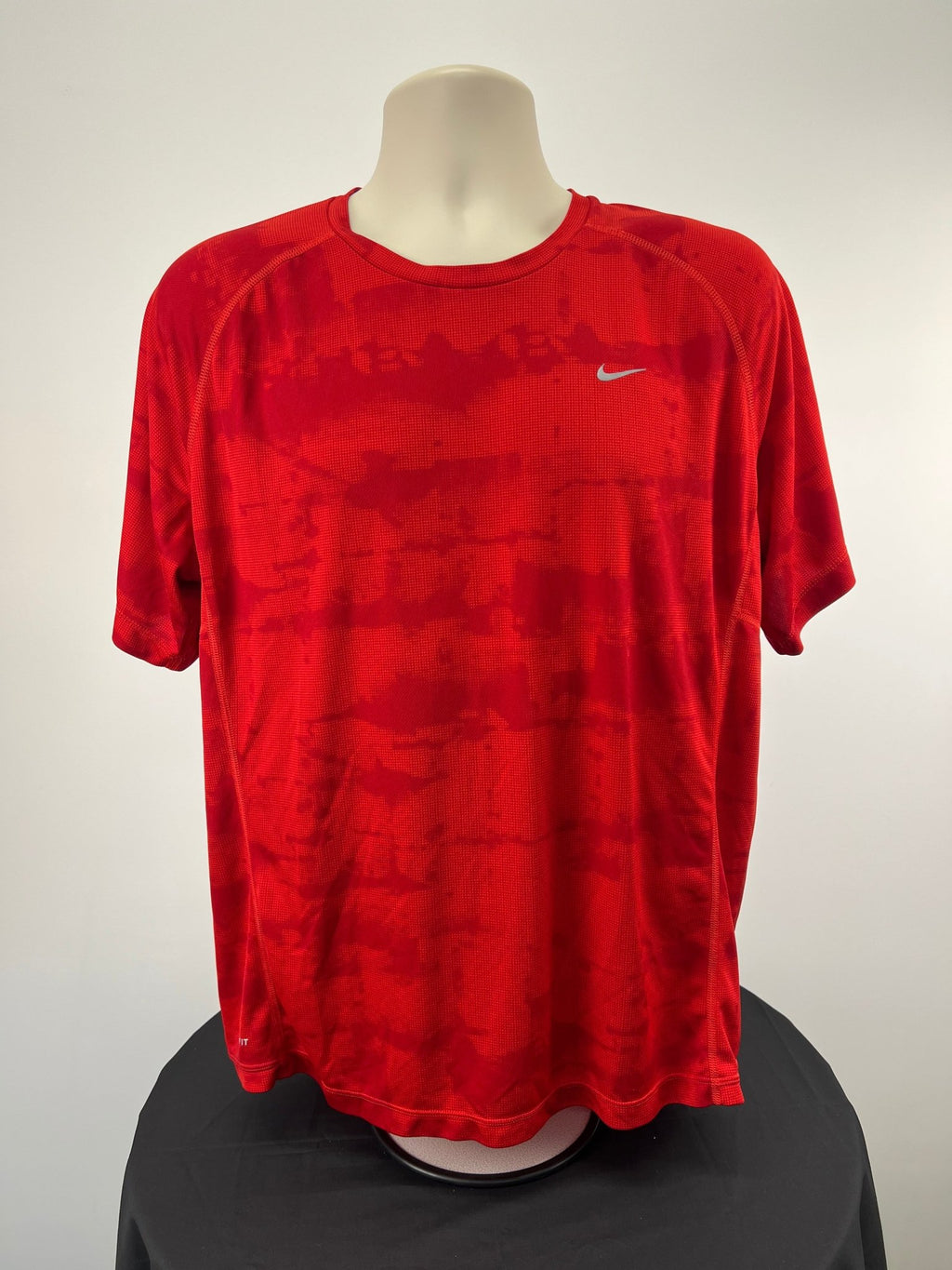 Front view of bright red Nike Dri-FIT running t-shirt in XL