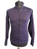 Front view of purple Nike running jacket with full zip and high collar on mannequin