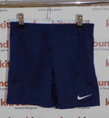 Front view of navy Nike sports shorts with elastic waist and swoosh logo