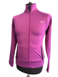 Front view of a women's Nike purple full-zip sports jacket on a mannequin