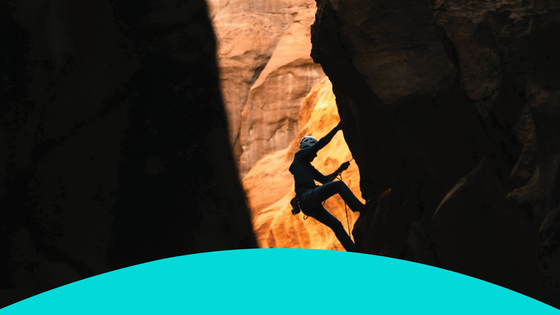 A woman rock climbing in a ravine and a turquoise semi circle filter on the bottom of the image