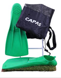 Pair of green Florida kids swim flippers with black CAPAS drawstring bag