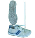 Pair of white and blue Jack & Jones suede trainers displayed on artificial grass