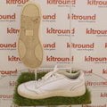 Puma Ralph Sampson Low Perf white trainers side and sole displayed on glass table