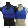 Front view of two blue sports bras on mannequins, Nike and Sweaty Betty, size Large