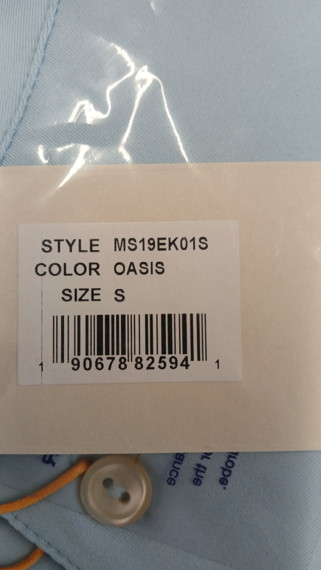 Product tag showing style MS19EK01S, color Oasis, size S