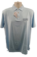 Front view of Peter Millar Icons Series Japan 2019 limited edition polo shirt in oasis blue, size M, showing embroidery and tags