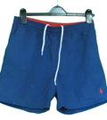 Front view of Polo Ralph Lauren dark blue swimming shorts with white drawstring