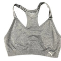Front view of a grey Puma sports bra with adjustable straps displayed on grass