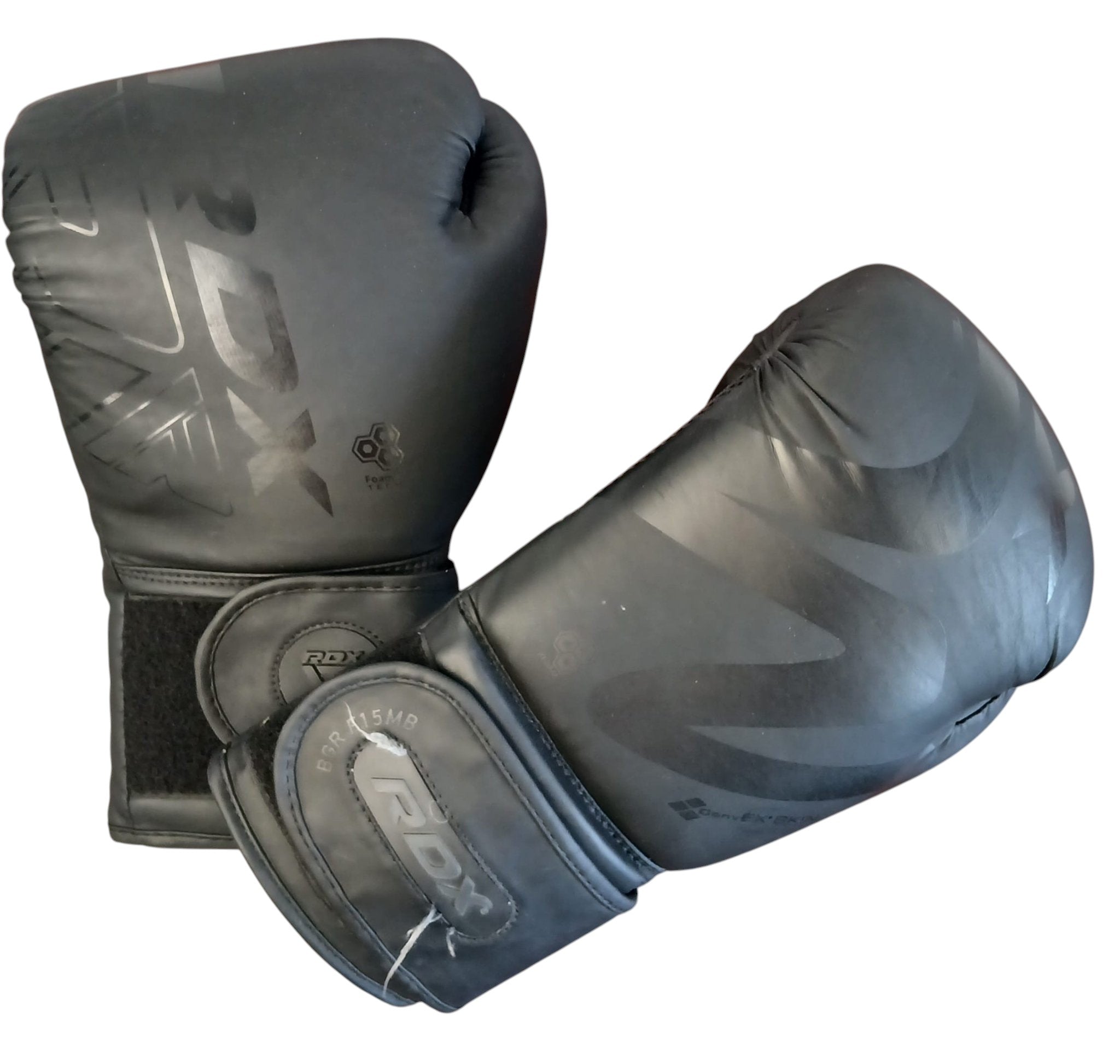 RDX black synthetic boxing gloves, 14 oz, with velcro closure for training and sparring.