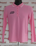 Front view of Röhnisch pink long sleeve polo shirt with ADP logo